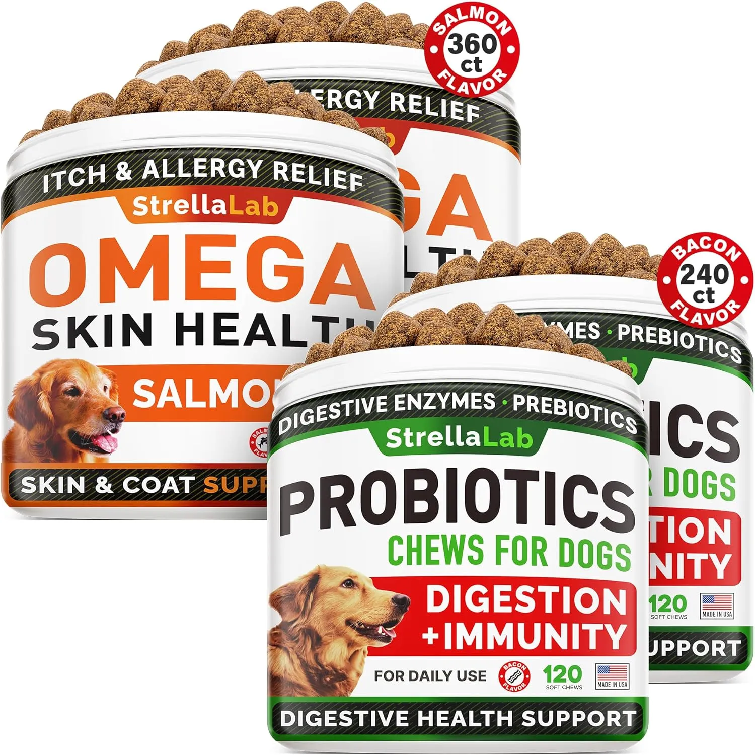Omega 3   Probiotics Dogs Bundle - Allergy & Itch   Improve Digestion & Immunity - Omega 3 & Pumpkin   Digestive Enzymes - Prebiotics - Itchy Skin   Itching & Licking Treats - 600 Chews - Made in USA