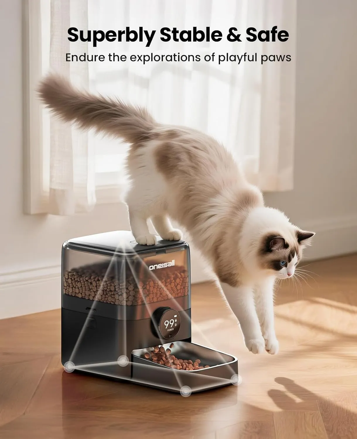 Oneisall Cordless WiFi Automatic Cat Feeder, Rechargeable 100-Day Battery Operated Pet Feeder, 12 Cups/3L Timed Cat Food Dispenser for Large Kibble, Smart App Control (Black)