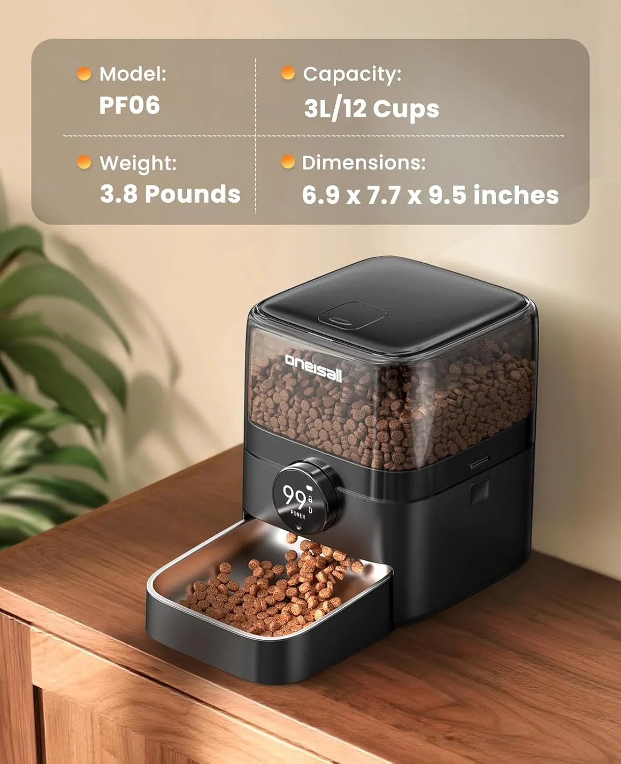 Oneisall Cordless WiFi Automatic Cat Feeder, Rechargeable 100-Day Battery Operated Pet Feeder, 12 Cups/3L Timed Cat Food Dispenser for Large Kibble, Smart App Control (Black)