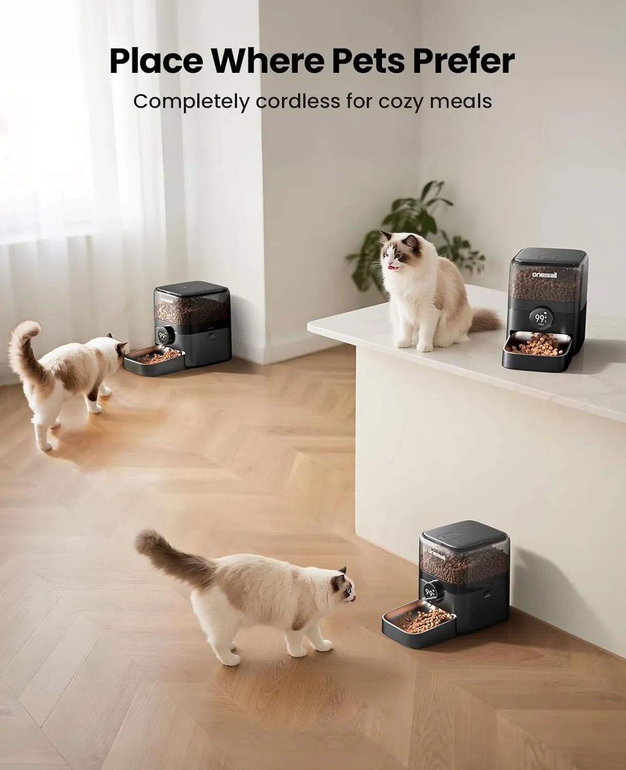 Oneisall Cordless WiFi Automatic Cat Feeder, Rechargeable 100-Day Battery Operated Pet Feeder, 12 Cups/3L Timed Cat Food Dispenser for Large Kibble, Smart App Control (Black)