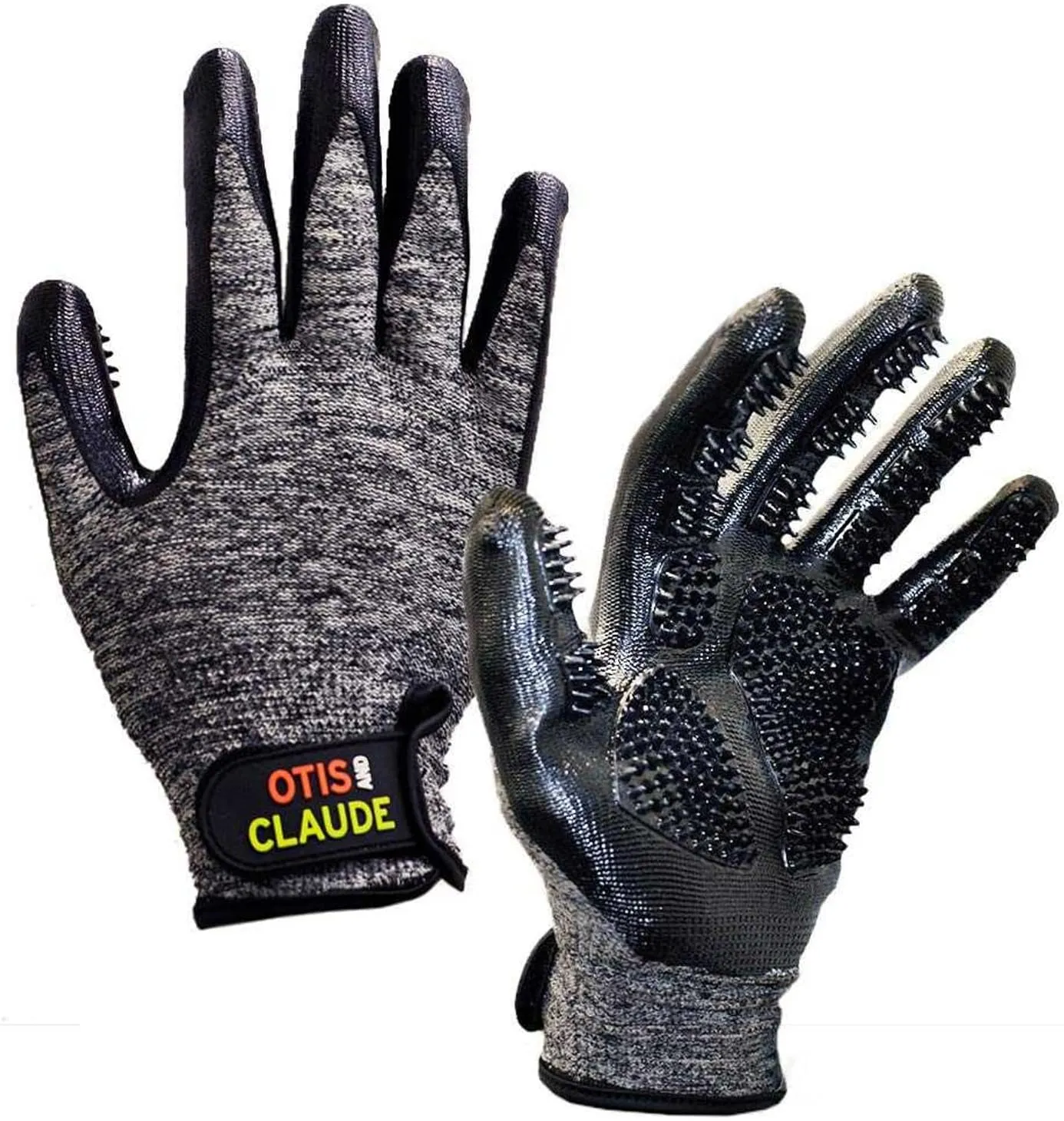 Otis and Claude Pet Grooming Gloves with Adjustable Strap - Gentle and Comfortable Hair Remover, Bathing, Massage, Brush - Left & Right - for Cats, Dogs & Horses