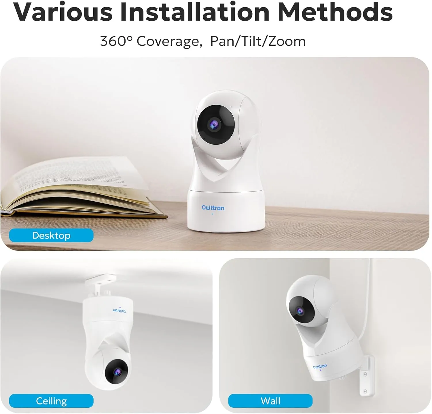 owltron Indoor Security Camera 2K, 360 Cameras for Home Security with Motion Detection, 2.4G WiFi for Baby/Pet/Nanny/Camara with Night Vision, Siren Alarm & 2-Way Audio, Compatible with Alexa