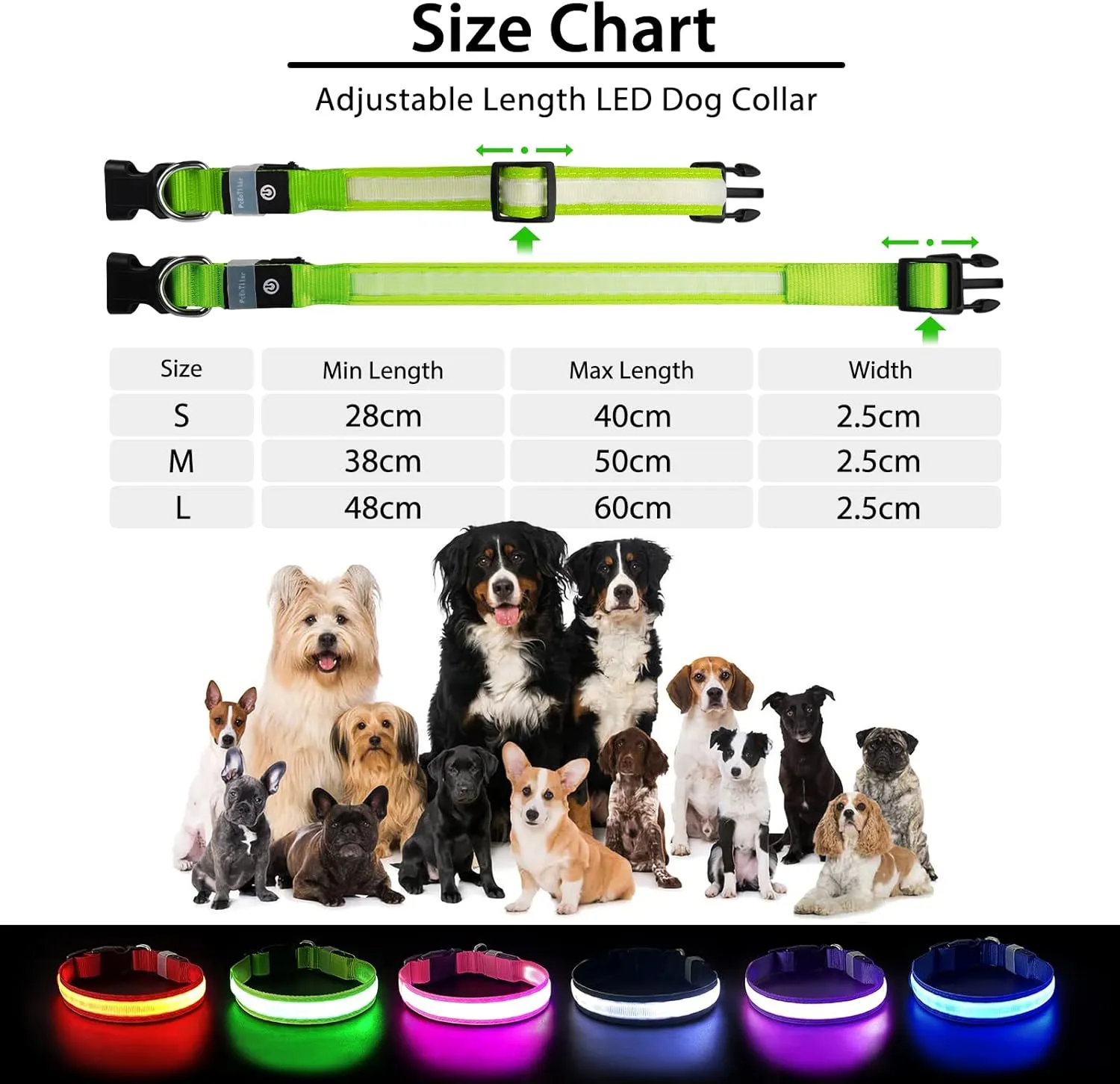 Pceotllar Light Up Collar - Rechargeable Led Dog Collar with Automatic 7-Color Changes, Water Resistant, Bright Glow for Night Walking (Green, M)