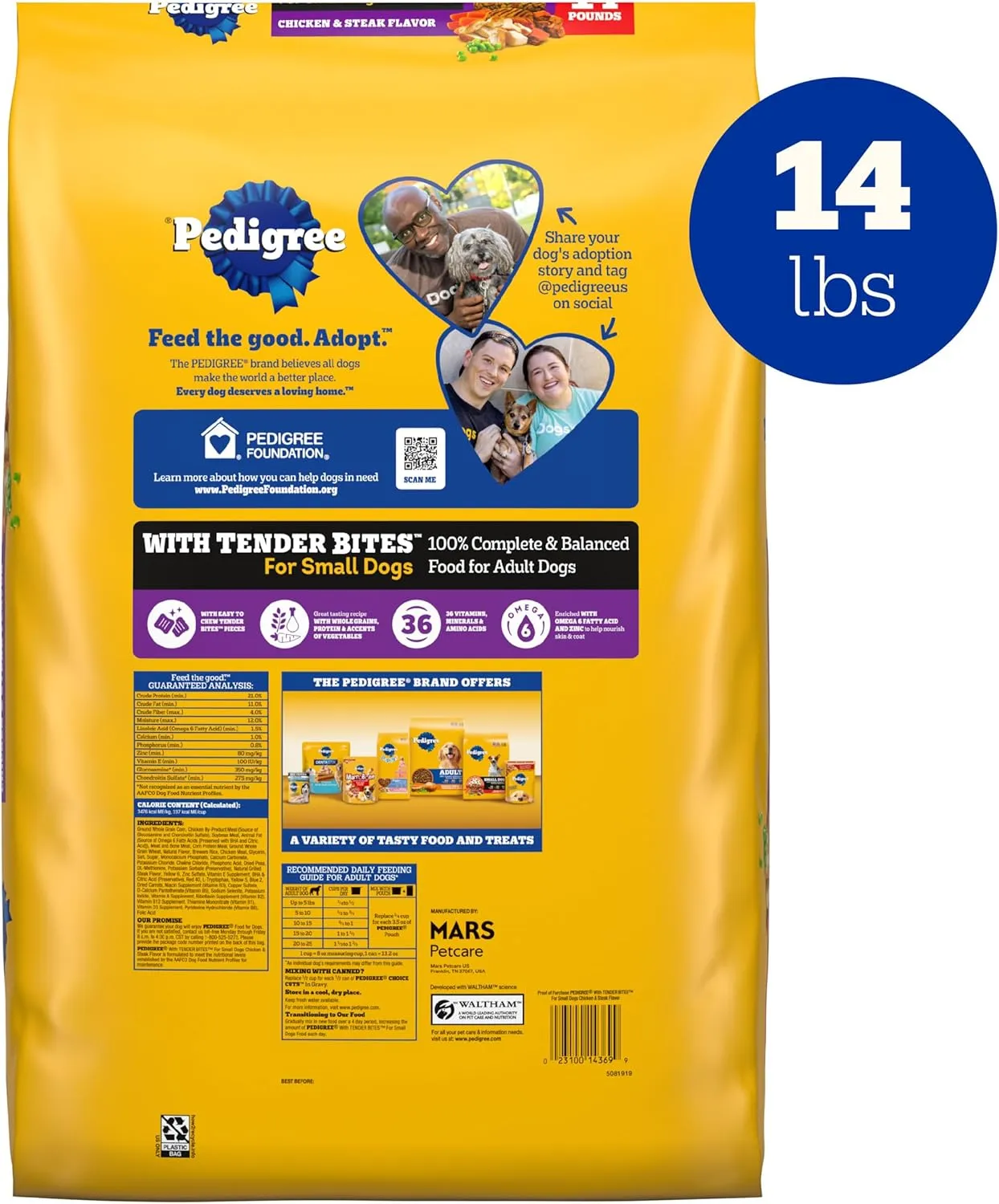 Pedigree with Tender Bites for Small Dogs Adult Dry Dog Food, Chicken and Steak Flavor, 14 lb. Bag