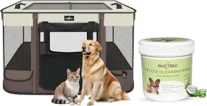 Pet Foldable Playpen for Small Animals, Brown L   Pet Eye Wipes for Cats & Dogs, 120 Pack.