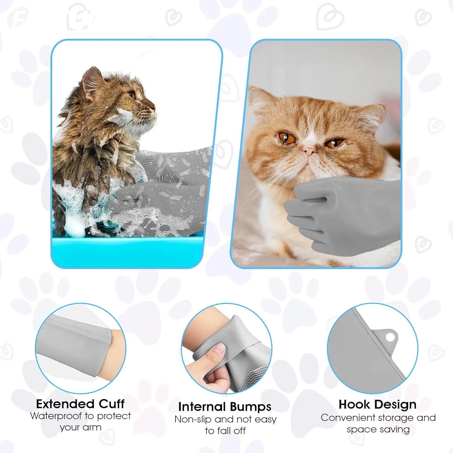 Pet Grooming Gloves - High-Density Silicone Gloves with Enhanced Five Finger Design for Massaging and Bathing Dogs and Cats (Grey)