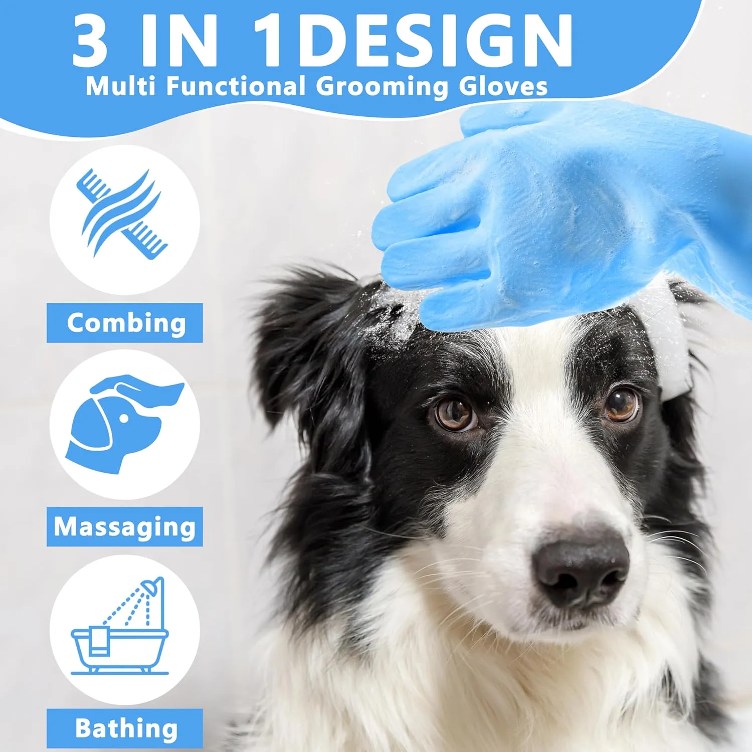 Pet Grooming GlovesHeat Resistant Dog Washing Gloves with High-Density Teeth, Dog Bath Scrubber with Enhanced Five Finger Design, Silicone Gloves for Dogs and Cats Bathing, Massage (Blue)