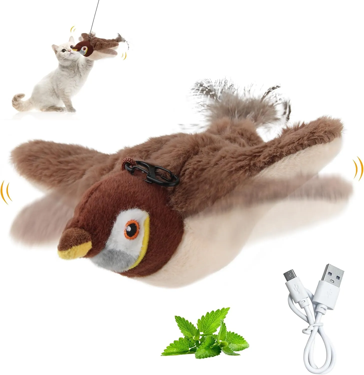 PETGEEK Flapping Bird Cat Toys for Indoor Cats, Interactive Simulated Chirping Toy, USB Rechargeable Flappy Bird Toy Catnip Toy, Cat Toys for Bored Indoor Adult Cats (L Sparrow)