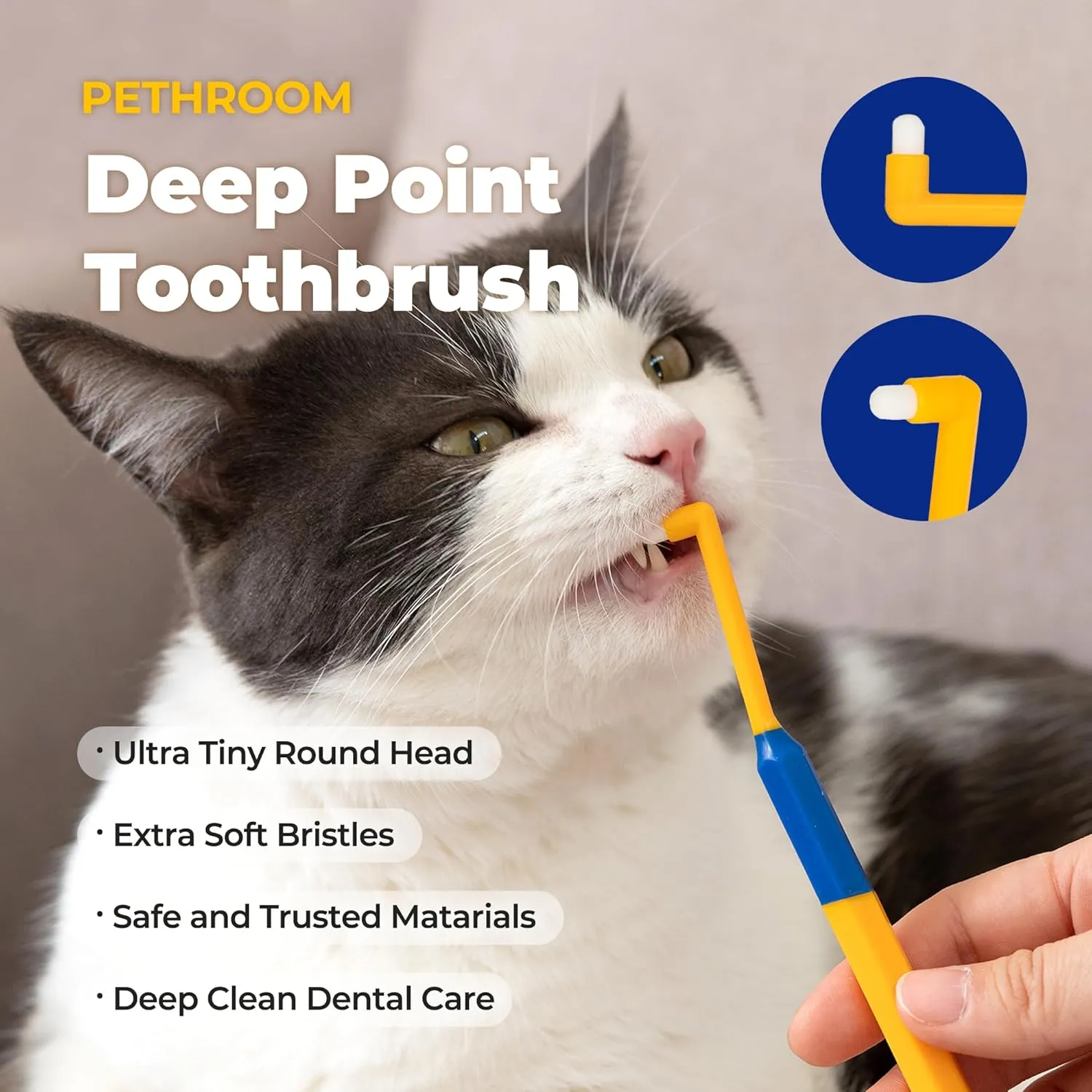 PETHROOM] Micro Tiny Pet Toothbrush for Small Cats and Dogs | Round Shaped Head with Ultra Soft Bristle for Deep Cleaning Dental Care (Deep Point)