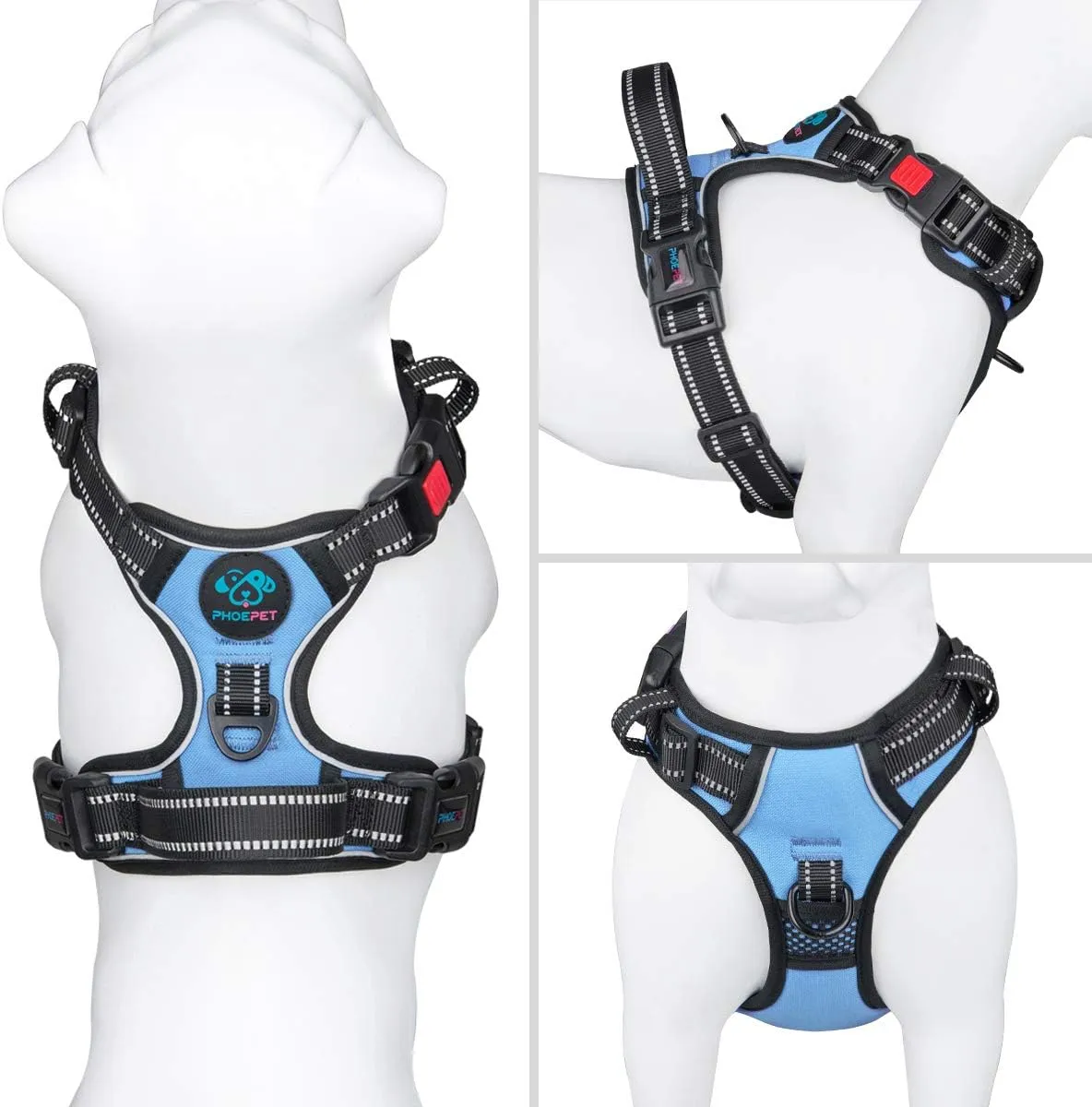 PHOEPET No Pull Dog Harness Reflective Adjustable Vest with a Training Handle, Name ID Pocket, 2 Metal Leash Hooks, 3 Snap Buckles [Easy to Put on & Take Off](M, Baby Blue)