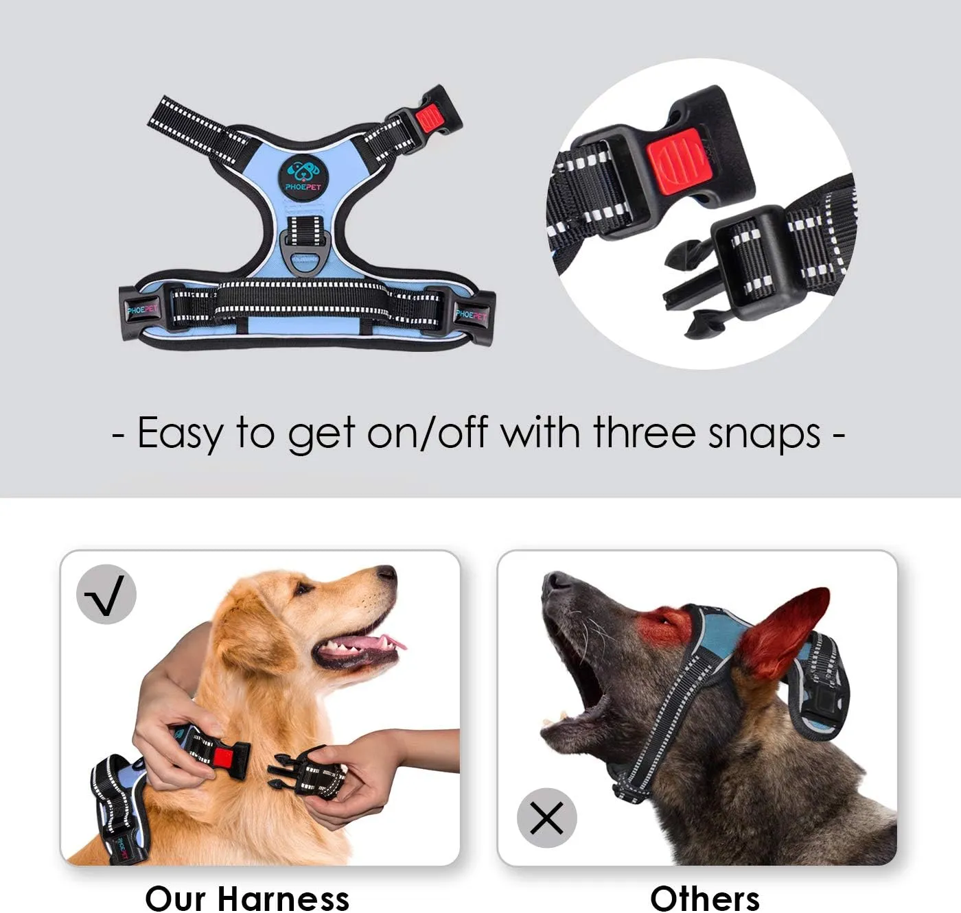 PHOEPET No Pull Dog Harness Reflective Adjustable Vest with a Training Handle, Name ID Pocket, 2 Metal Leash Hooks, 3 Snap Buckles [Easy to Put on & Take Off](M, Baby Blue)