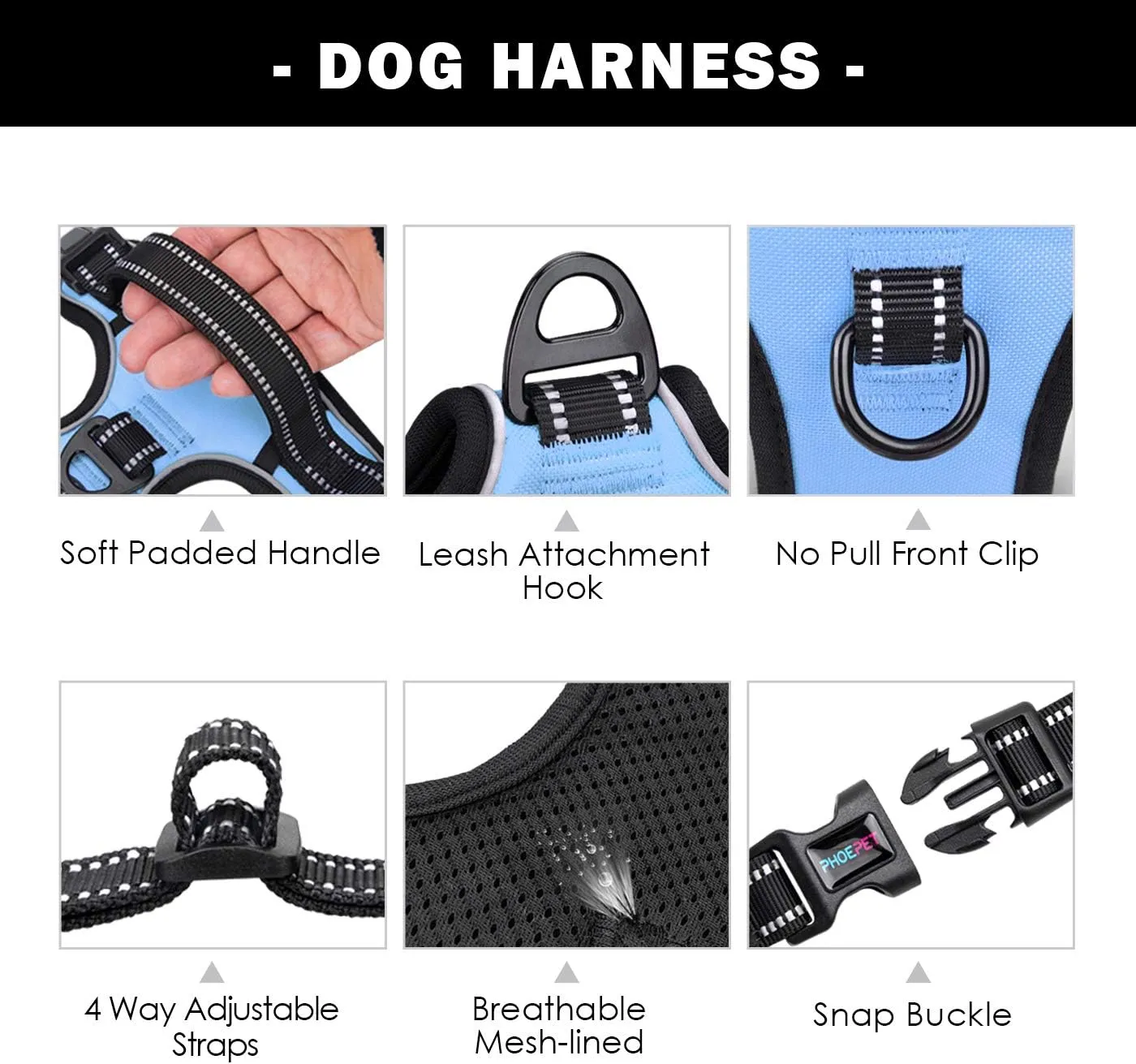 PHOEPET No Pull Dog Harness Reflective Adjustable Vest with a Training Handle, Name ID Pocket, 2 Metal Leash Hooks, 3 Snap Buckles [Easy to Put on & Take Off](M, Baby Blue)