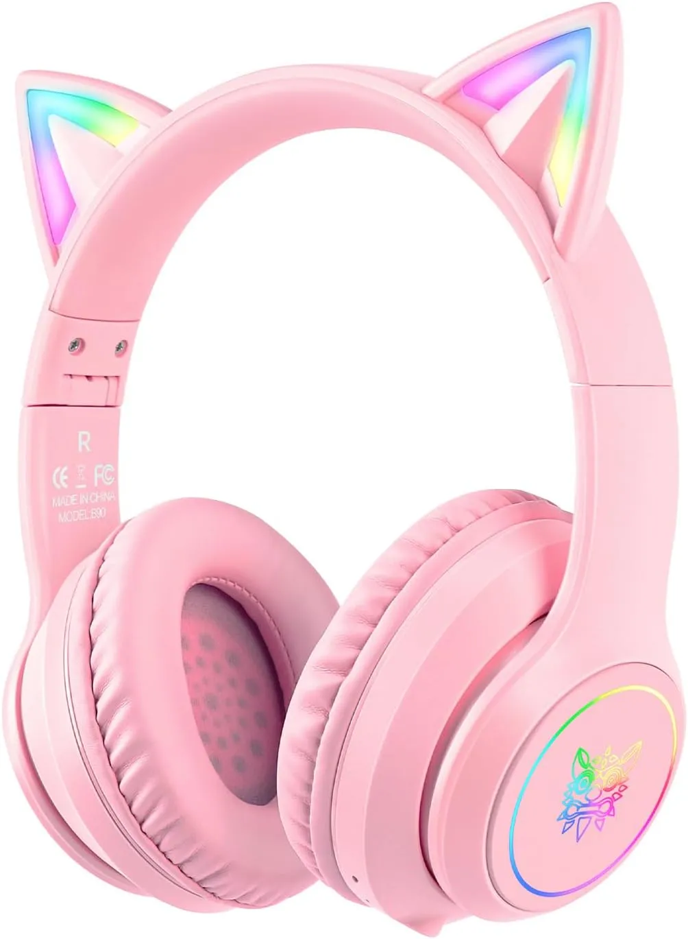 Pink Bluetooth Cat Ear Headphones for Kids & Adults, Wireless & Wired Mode Foldable Headset with Mic - Clear Sound Quality - RGB LED Light, for Girls School Gaming, for Phone/Laptop/PC/Tablet
