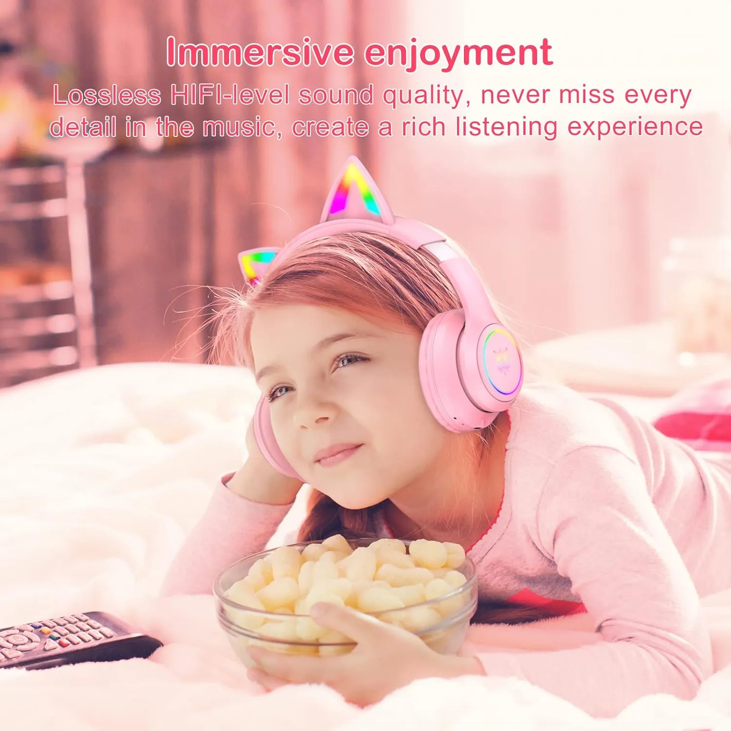 Pink Bluetooth Cat Ear Headphones for Kids & Adults, Wireless & Wired Mode Foldable Headset with Mic - Clear Sound Quality - RGB LED Light, for Girls School Gaming, for Phone/Laptop/PC/Tablet