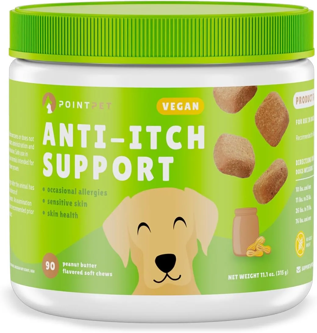 PointPet Vegan Skin Support for Dogs, 90 Count - Immune & Allergy Supplement with Omega 3, Biotin & Vitamin E - Itchy Skin Relief, Peanut Butter Flavor