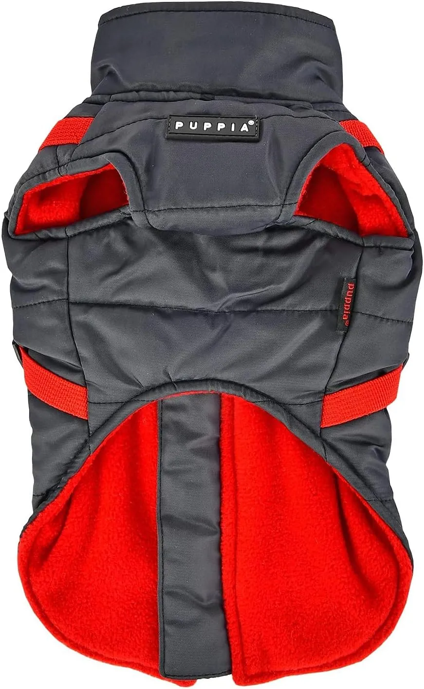Puppia Mountaineer Winter Dog Coat with Integrated Harness No Pull Cold Weather Waterproof Warm Fleece Back Zipper for Small & Medium Dog, Grey, Small