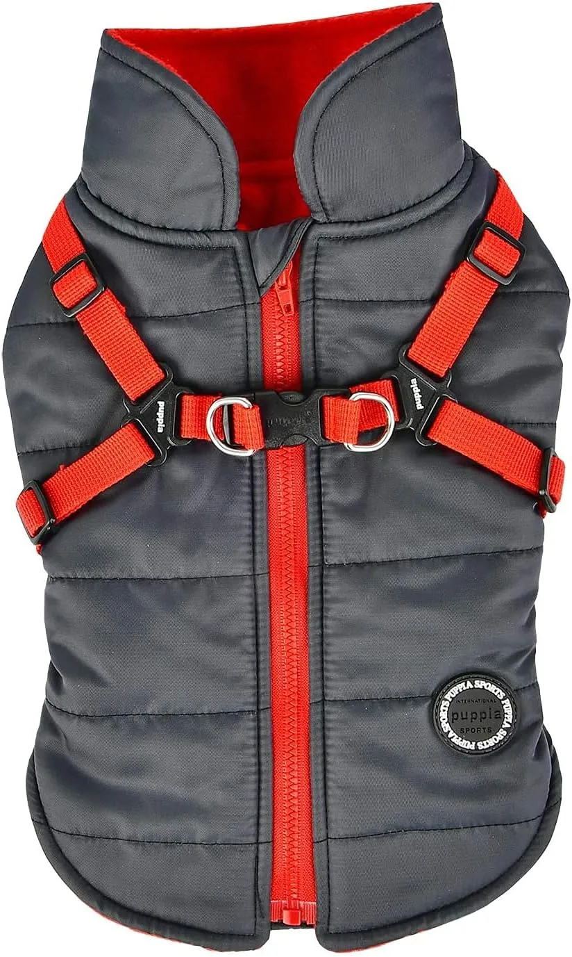 Puppia Mountaineer Winter Dog Coat with Integrated Harness No Pull Cold Weather Waterproof Warm Fleece Back Zipper for Small & Medium Dog, Grey, Small