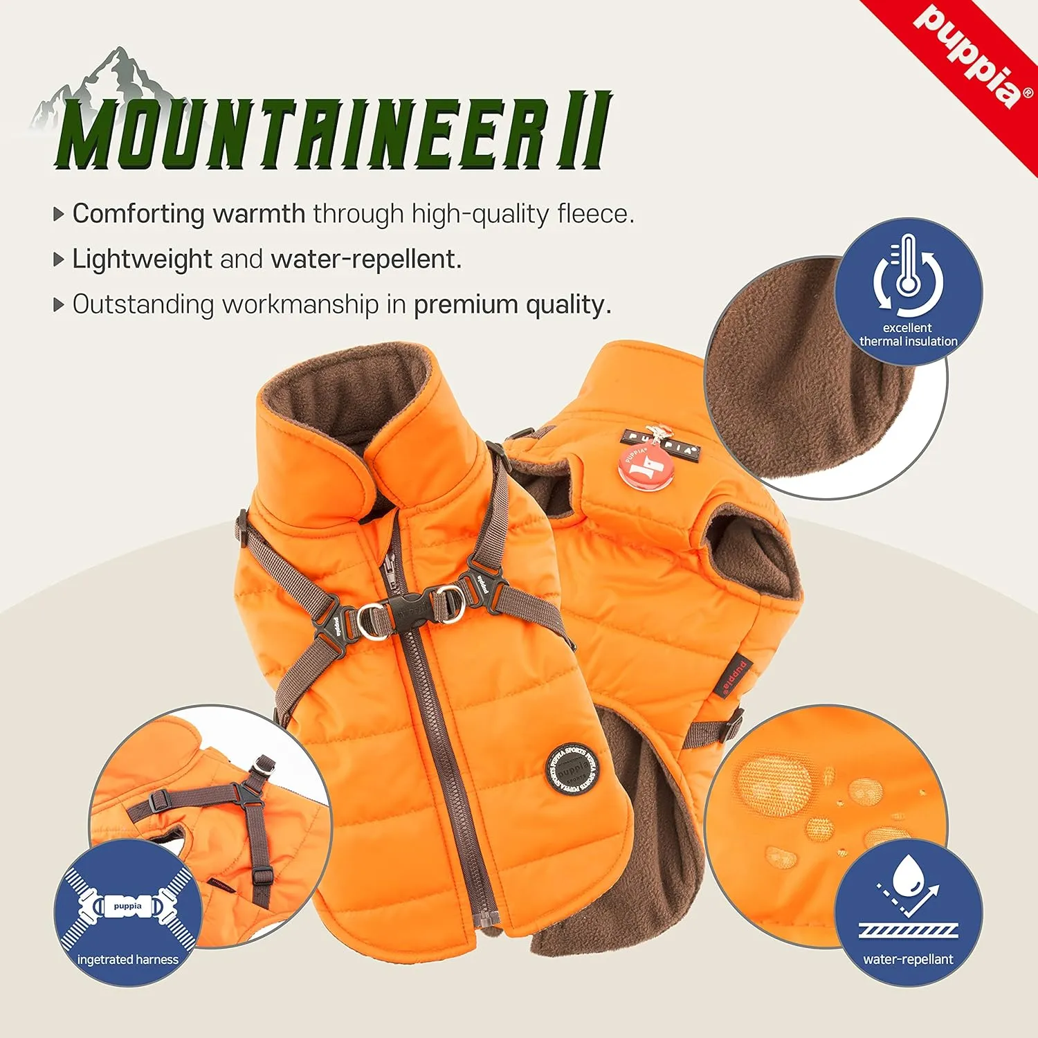 Puppia Mountaineer Winter Dog Coat with Integrated Harness No Pull Cold Weather Waterproof Warm Fleece Back Zipper for Small & Medium Dog, Grey, Small