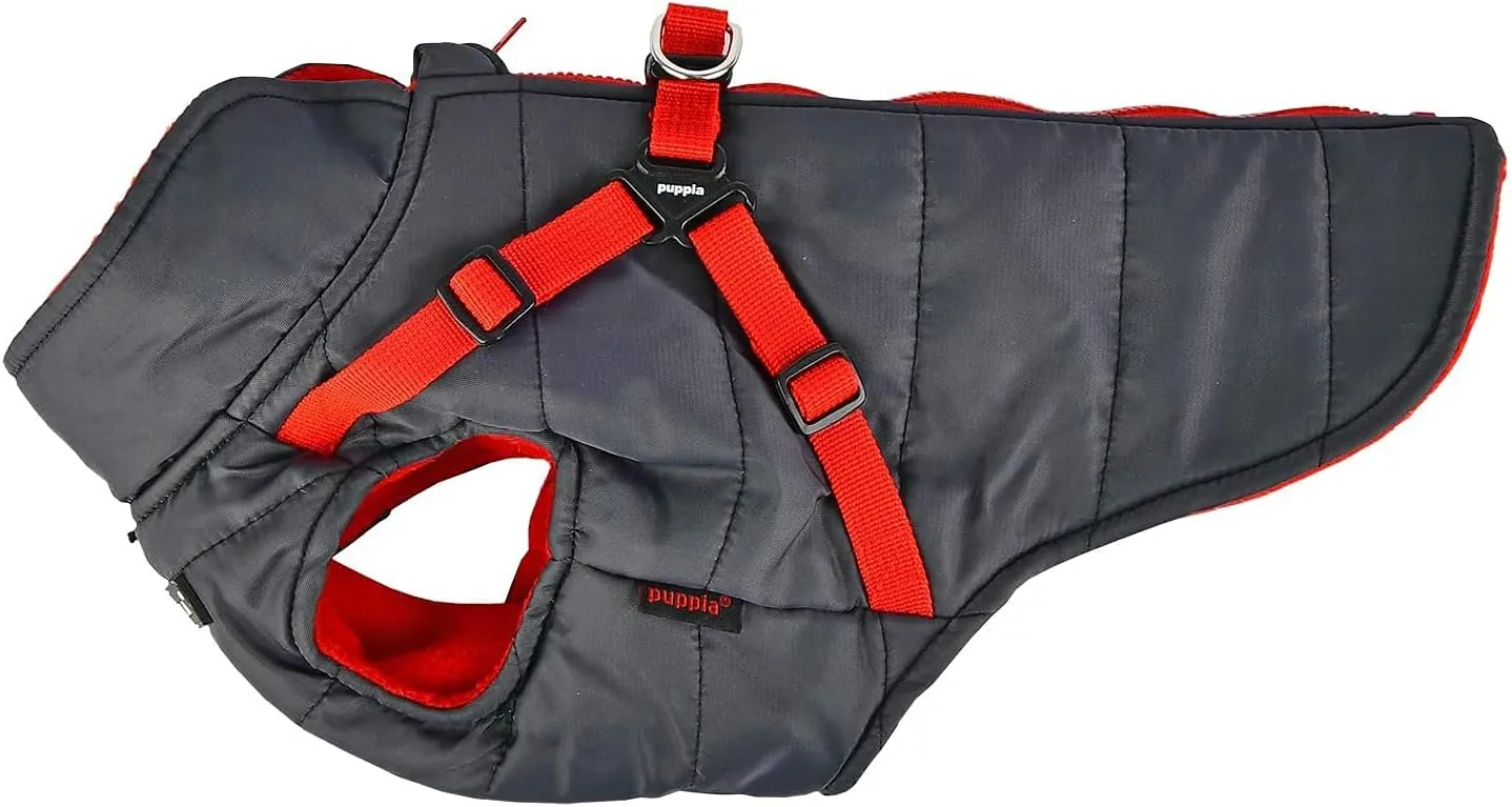 Puppia Mountaineer Winter Dog Coat with Integrated Harness No Pull Cold Weather Waterproof Warm Fleece Back Zipper for Small & Medium Dog, Grey, Small