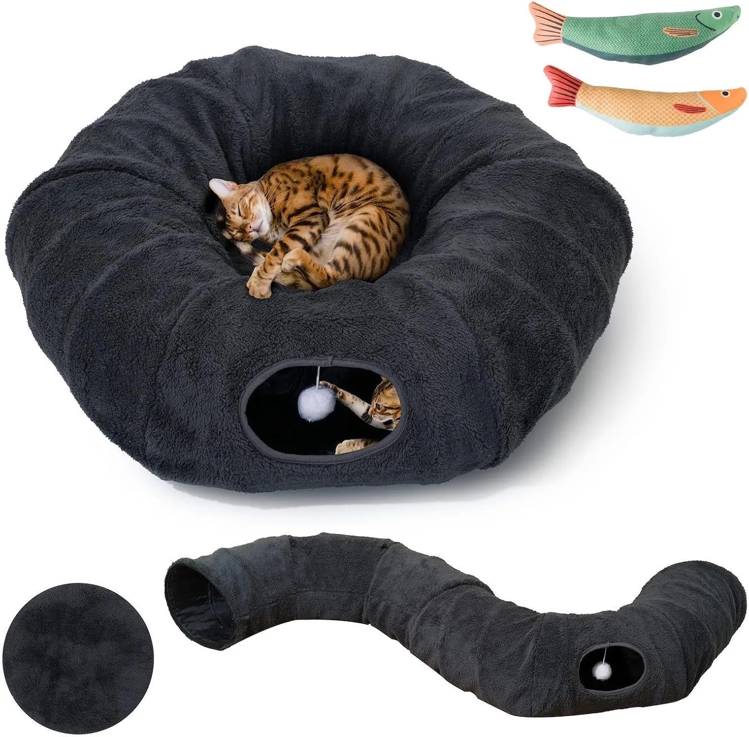 R1M Cat Tunnel with Cat Bed for Indoor Cats, Plush Peekaboo Cat Cave Donut Tunnel, Multifunctional Playground Toys Hideplace for Kittens with Two Fish Toys Included (Dark Grey)