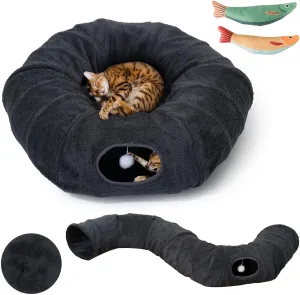R1M Cat Tunnel with Cat Bed for Indoor Cats, Plush Peekaboo Cat Cave Donut Tunnel, Multifunctional Playground Toys Hideplace for Kittens with Two Fish Toys Included (Dark Grey)