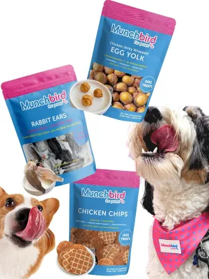 Rabbit Ears, Chicken Jerky Egg Yolks, Chicken Waffle Chips Dog Treats Bundle