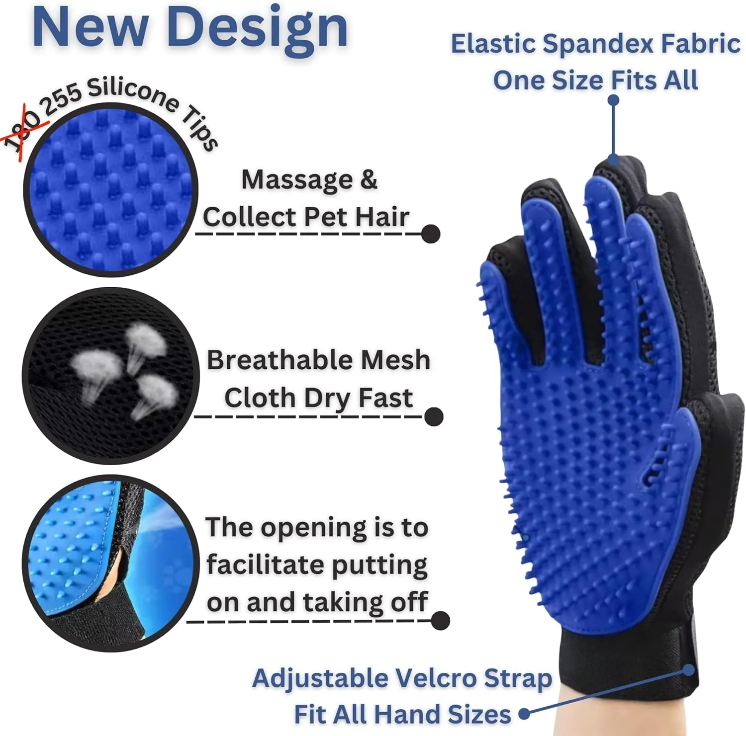 (Right hand) 1- Pack - Multi-Functional Pet Hair Remover Glove for Gentle Grooming, Bathing, and Massaging Dogs, Cats, and Horses  Perfect for Reducing Shedding - Blue - Only Right Hand included.