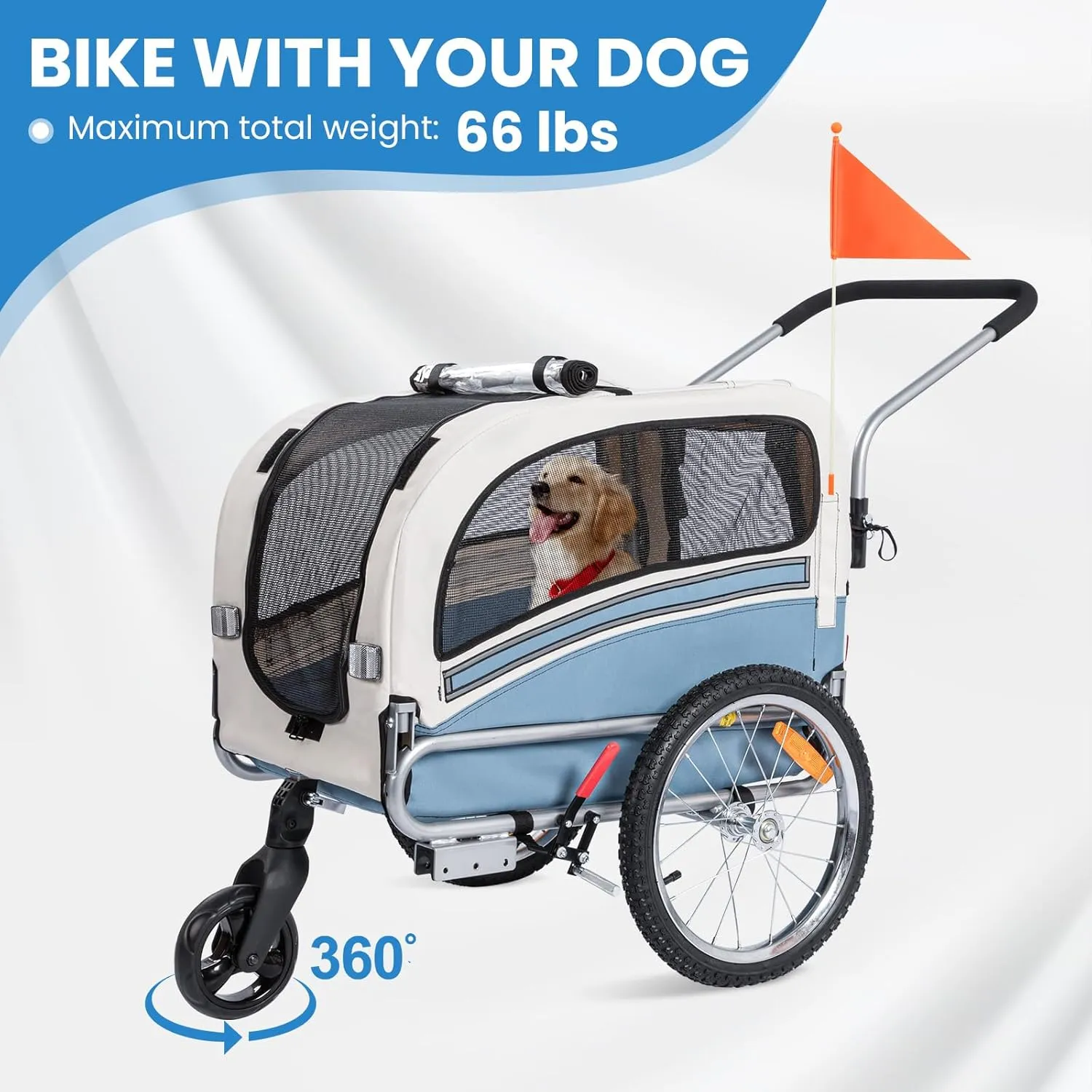 Sepnine 2 in 1 Pet Bicycle Trailer with a 6" Stroller Wheel Suitable for Small and Medium Dogs, Carrier Up to 66/88 LBS, Easy Folding Cart Frame, Quick Release Wheel, Universal Bicycle Coupler