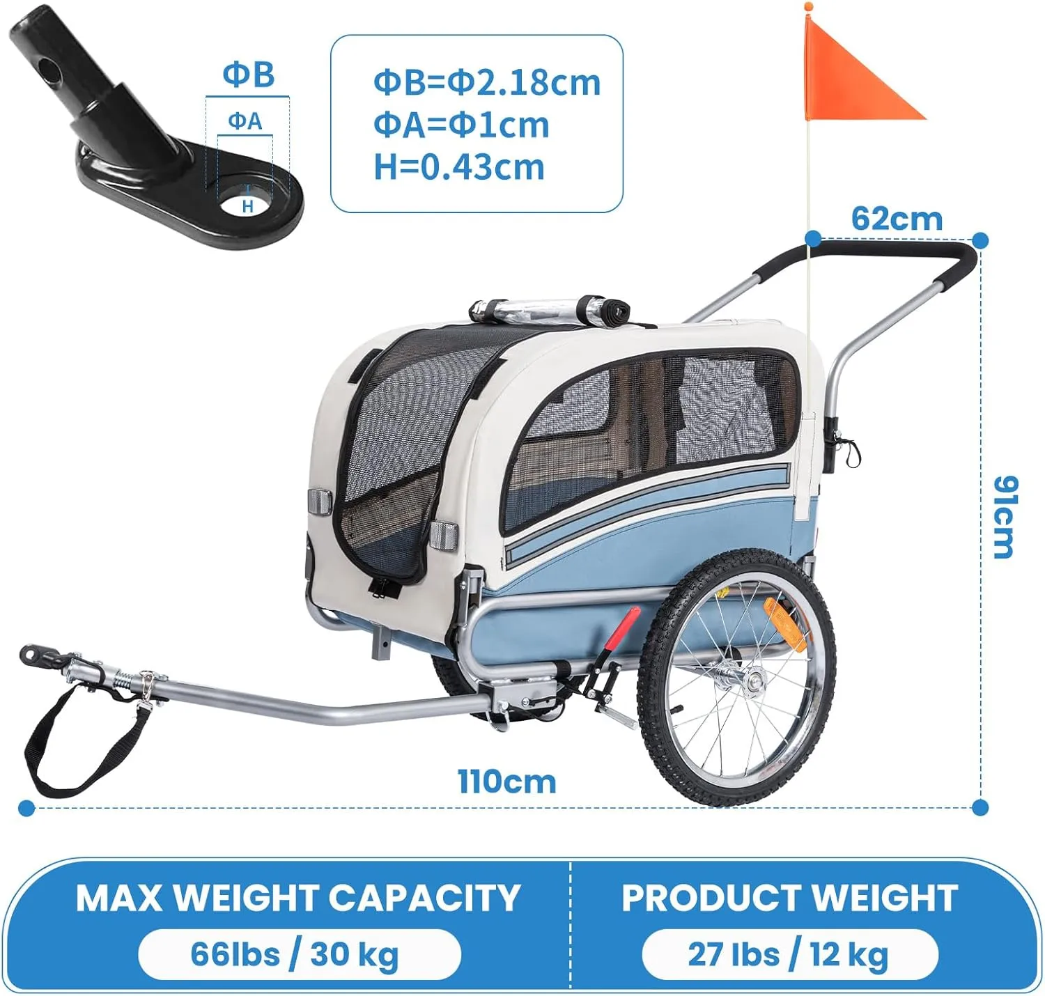 Sepnine 2 in 1 Pet Bicycle Trailer with a 6" Stroller Wheel Suitable for Small and Medium Dogs, Carrier Up to 66/88 LBS, Easy Folding Cart Frame, Quick Release Wheel, Universal Bicycle Coupler