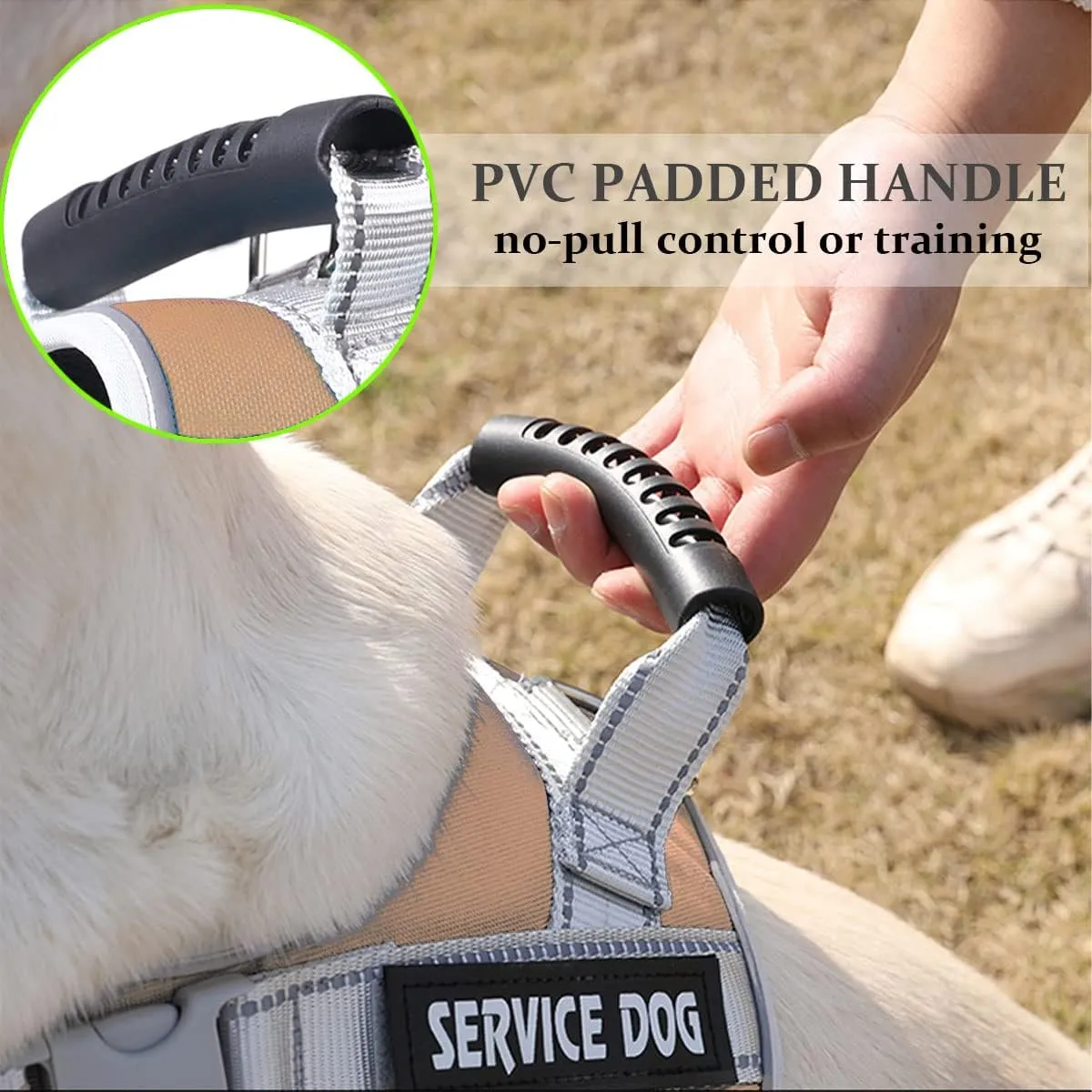 Service Dog Vest,No Pull in Training Service Dog Harness and 5FT Dog Leash Set, Adjustable 3M Reflective Nylon Pet Dog Vest with Handle,Easy Control for Small Medium Large Dogs(M,Khaki)