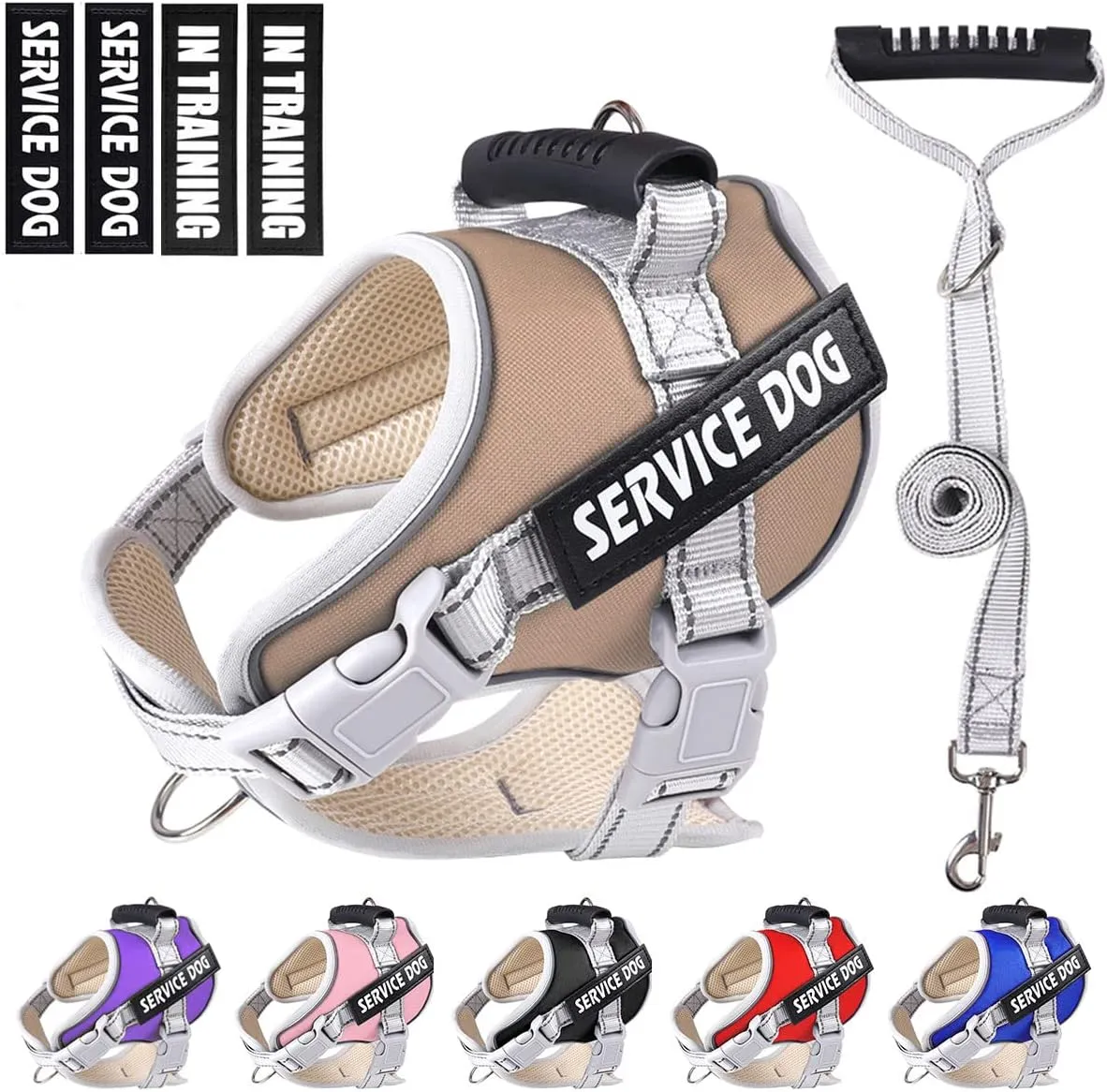Service Dog Vest,No Pull in Training Service Dog Harness and 5FT Dog Leash Set, Adjustable 3M Reflective Nylon Pet Dog Vest with Handle,Easy Control for Small Medium Large Dogs(M,Khaki)