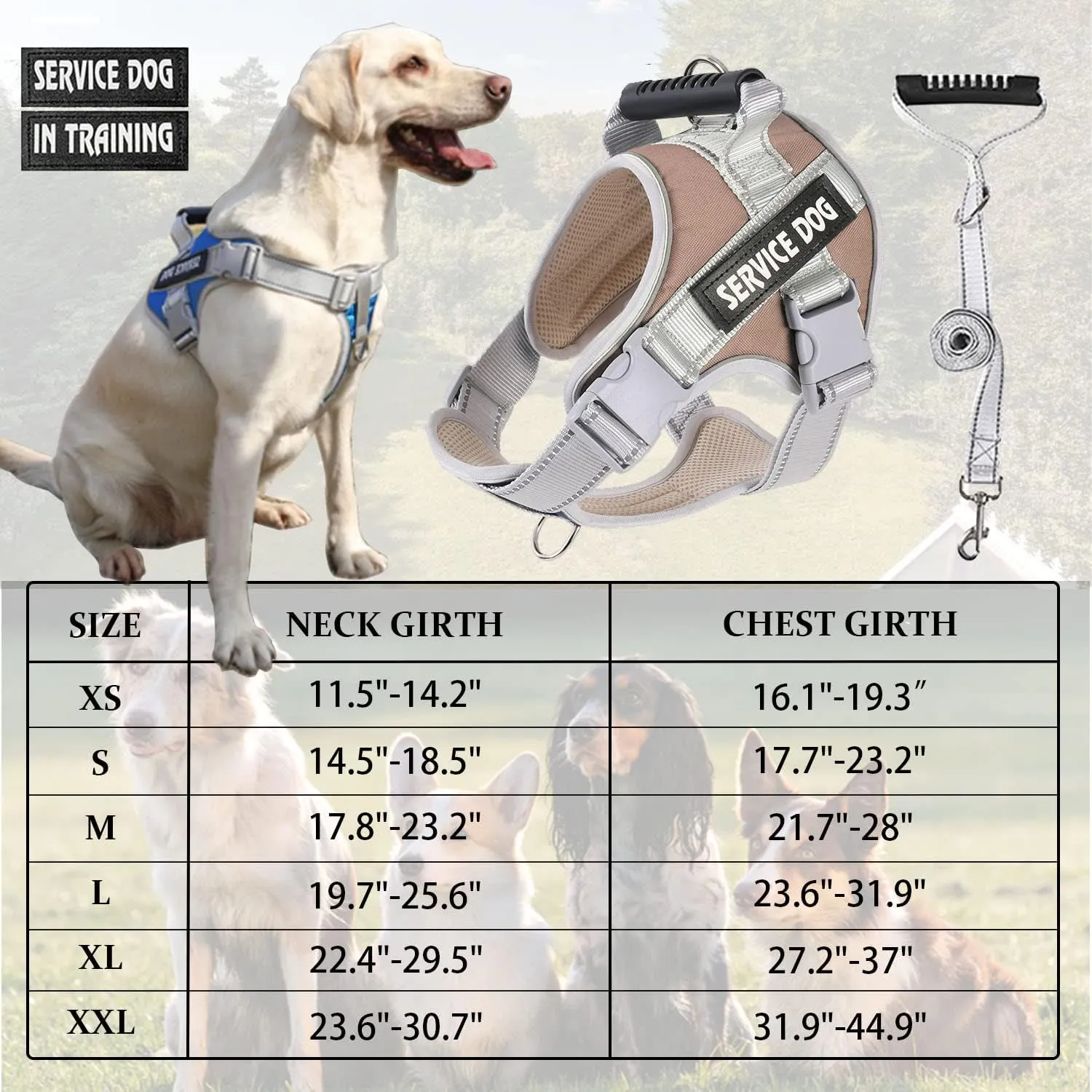 Service Dog Vest,No Pull in Training Service Dog Harness and 5FT Dog Leash Set, Adjustable 3M Reflective Nylon Pet Dog Vest with Handle,Easy Control for Small Medium Large Dogs(M,Khaki)