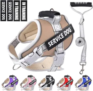 Service Dog Vest,No Pull in Training Service Dog Harness and 5FT Dog Leash Set, Adjustable 3M Reflective Nylon Pet Dog Vest with Handle,Easy Control for Small Medium Large Dogs(M,Khaki)