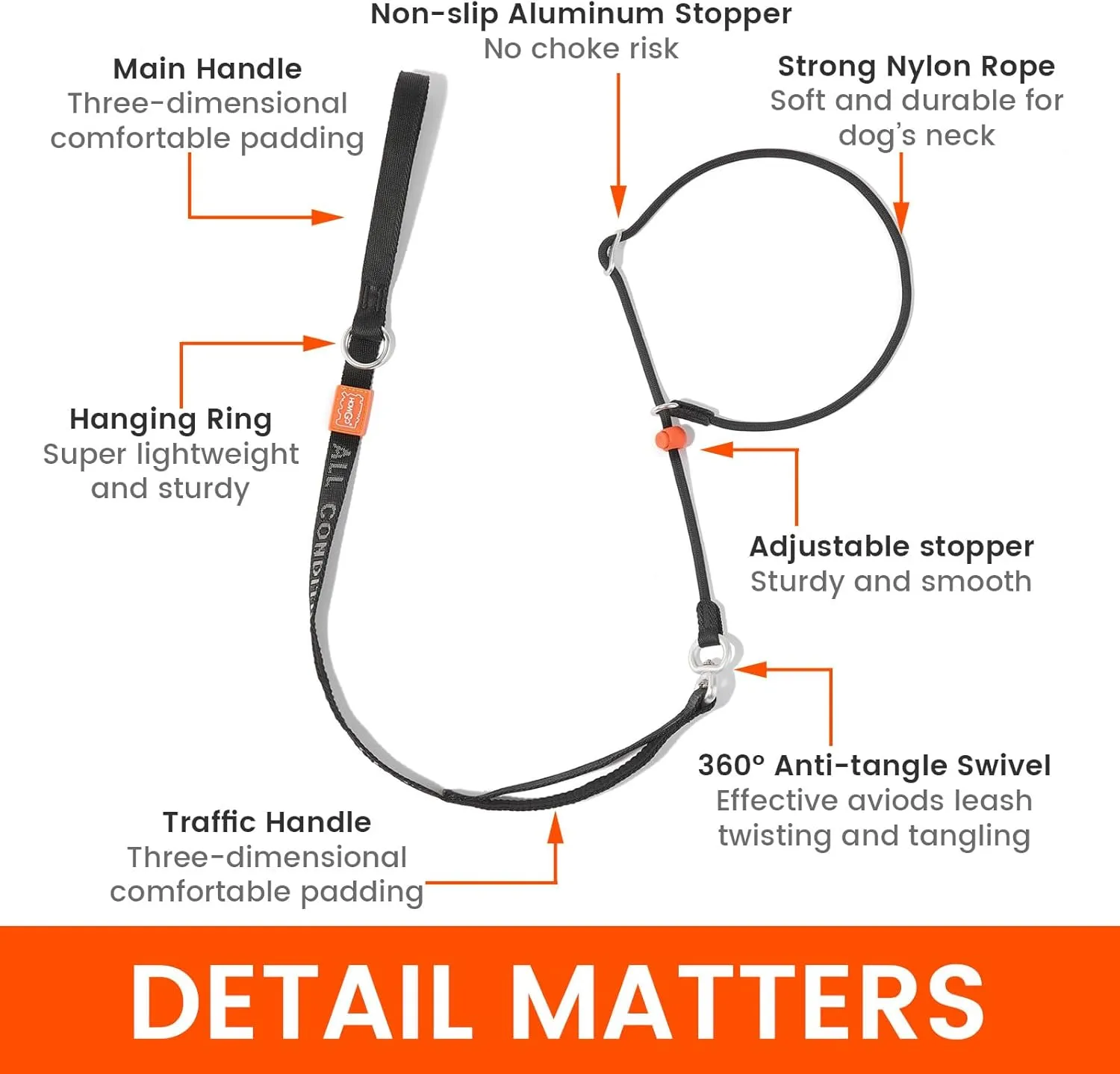 Slip Lead Dog Leash with Double Handles | Reflective Dog Training Leash with 360 Swivel Anti-Tangle | Heavy-Duty Leash and Collar for Large Medium and Small Dogs No-Pull Walking (Black, 5.5FT)