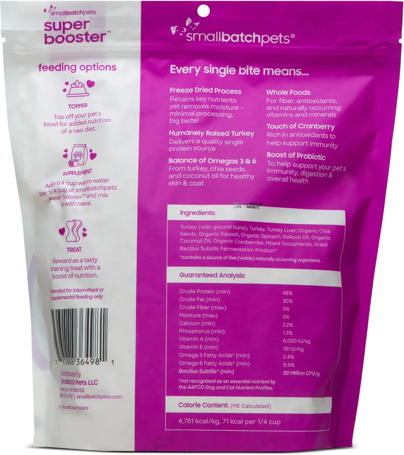 smallbatch Pets Freeze-Dried Super Booster Turkey Bites for Dogs & Cats, 18 oz, Made in The USA, Humanely Raised Single Protein Source, Topper & Treat, with Organic Vegetables and Probiotics