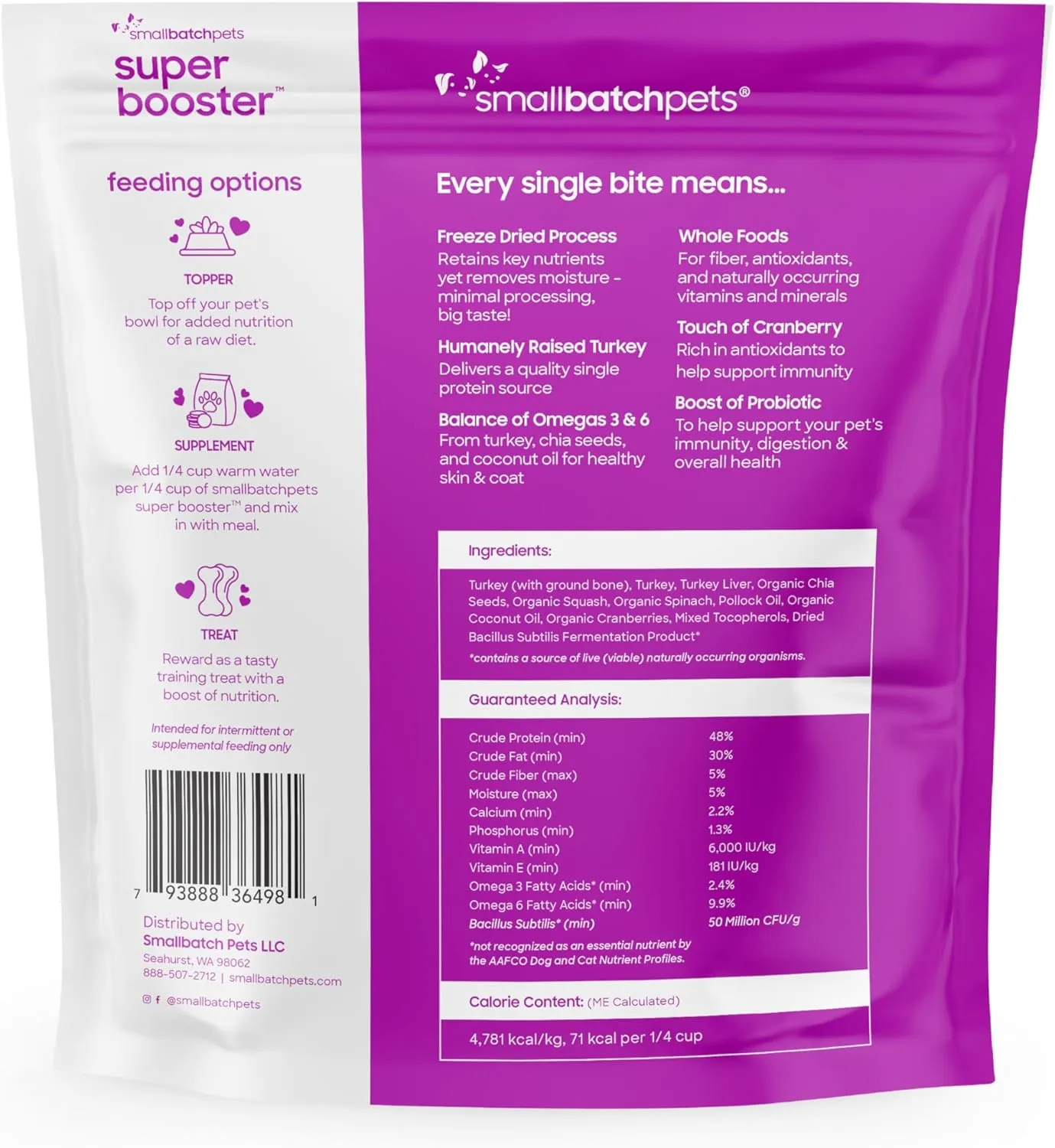 smallbatch Pets Freeze-Dried Super Booster Turkey Bites for Dogs & Cats, 18 oz, Made in The USA, Humanely Raised Single Protein Source, Topper & Treat, with Organic Vegetables and Probiotics