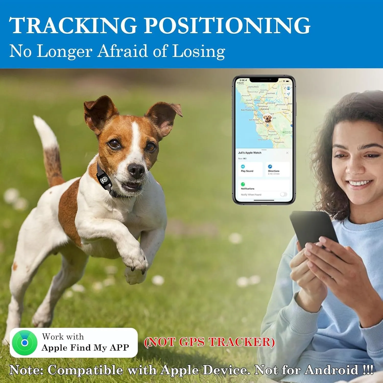 Smart Pet Tracker with Collar Holder, Personalized Dog Location Finder, MFi Certified, No Monthly Fees, Compatible with Apple Find My (iOS Only), Not a GPS Tracker-Black