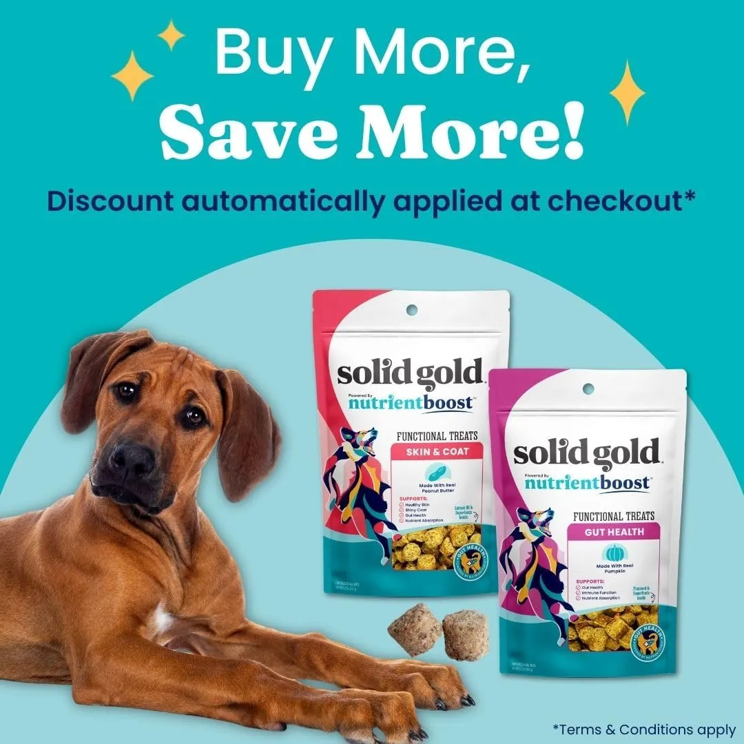 Solid Gold Healthy Dog Treats - Functional Dog Treats for Training   Skin & Coat Health - Peanut Butter Flavor with Salmon Oil Healthy Training Treats for Dogs - 5.2 oz