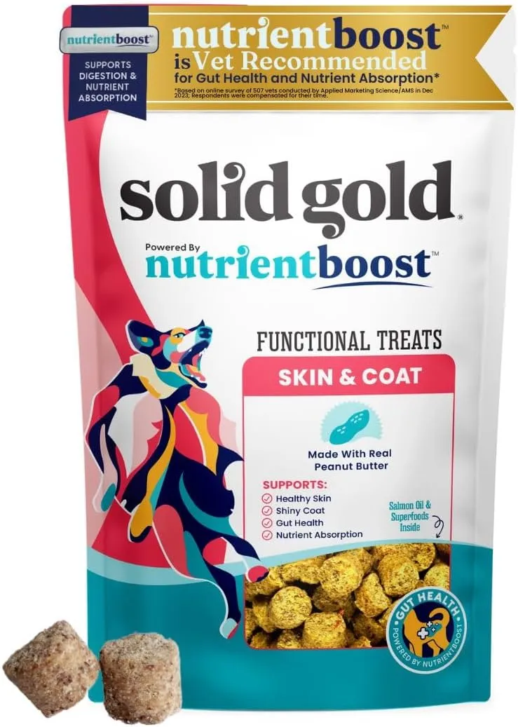 Solid Gold Healthy Dog Treats - Functional Dog Treats for Training   Skin & Coat Health - Peanut Butter Flavor with Salmon Oil Healthy Training Treats for Dogs - 5.2 oz