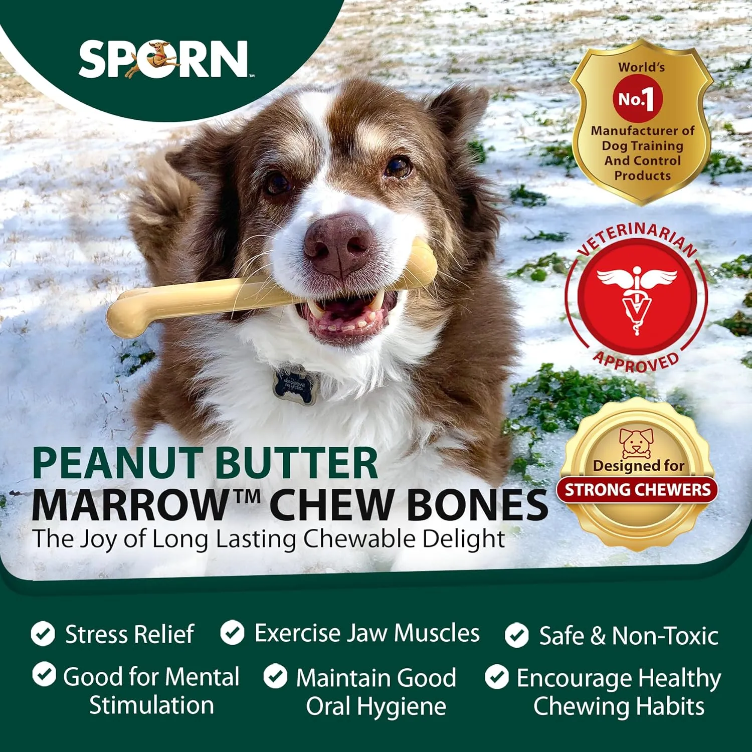 Sporn Durable Marrow Dog Chew Bones for Aggressive Chewers, Peanut Butter Flavor Dog Chew Toys for Large Dogs, Made with Strong Nylon Dog Dental Chew Toy, Gluten-Free & Non-Toxic, Large