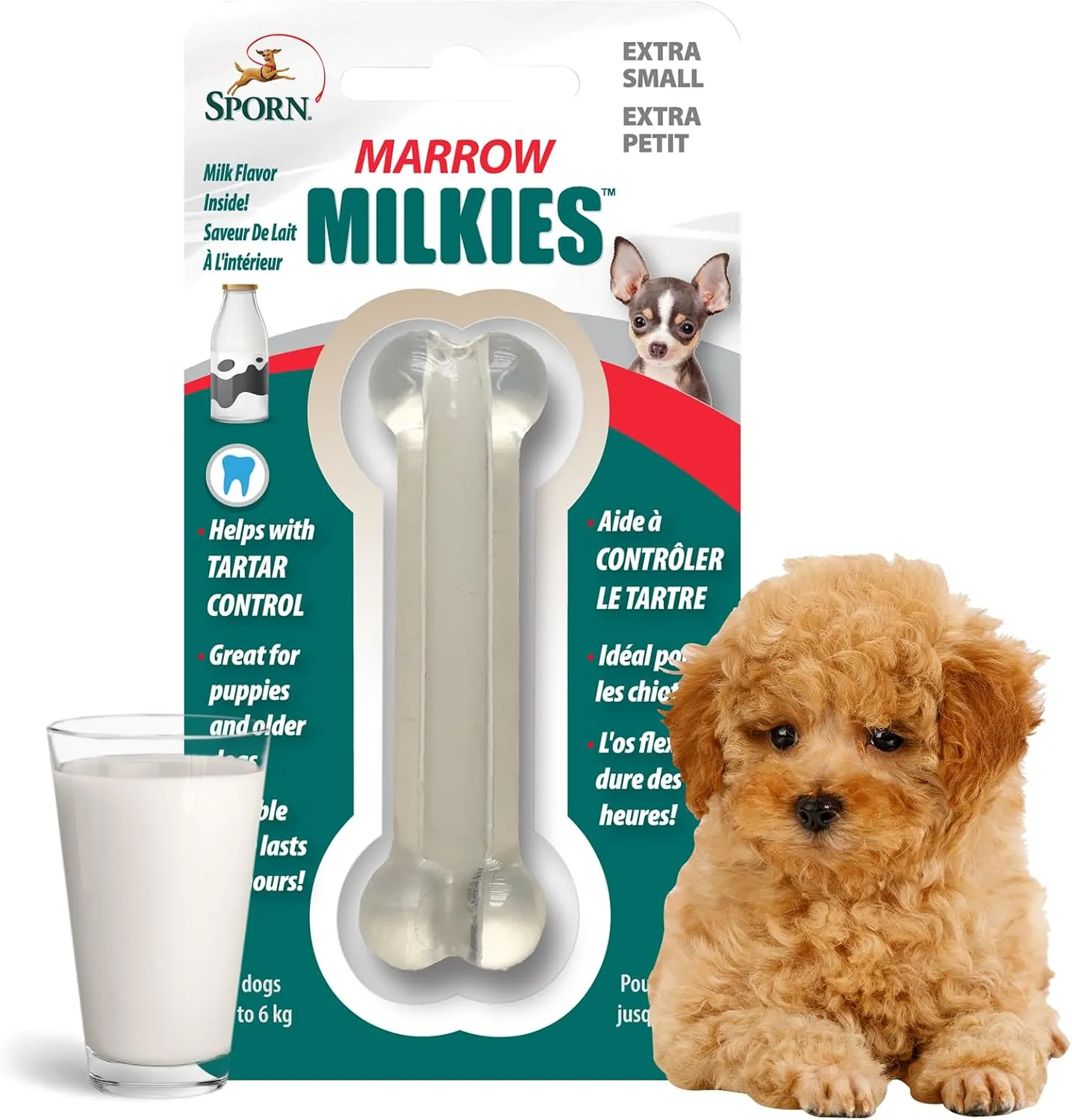 Sporn Marrow Milkies Chew Bones for Light Chewers, Milk Flavor Dog Chew Toys for Extra Small Dogs, Made with Soft Thermoplastic Rubber Dog Dental Chew Toy, Gluten-Free & Non-Toxic, X-Small