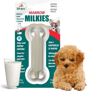 Sporn Marrow Milkies Chew Bones for Light Chewers, Milk Flavor Dog Chew Toys for Extra Small Dogs, Made with Soft Thermoplastic Rubber Dog Dental Chew Toy, Gluten-Free & Non-Toxic, X-Small
