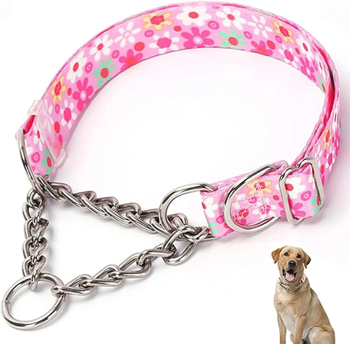 Stainless Steel Chain Martingale Dog Collar, No Pull Slip Cinch Choker Choke Collar Training Escape Proof Heavy Duty Dog Collar for Small Medium Large Pet Girl Female Dogs, Pink Floral L
