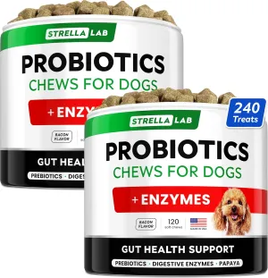 STRELLALAB Dog Probiotics Treats for Picky Eaters - Digestive Enzymes   Prebiotics - Chewable Fiber Supplement - Allergy, Diarrhea, Gas, Constipation, Upset Stomach Relief - Improve Digestion&Immunit