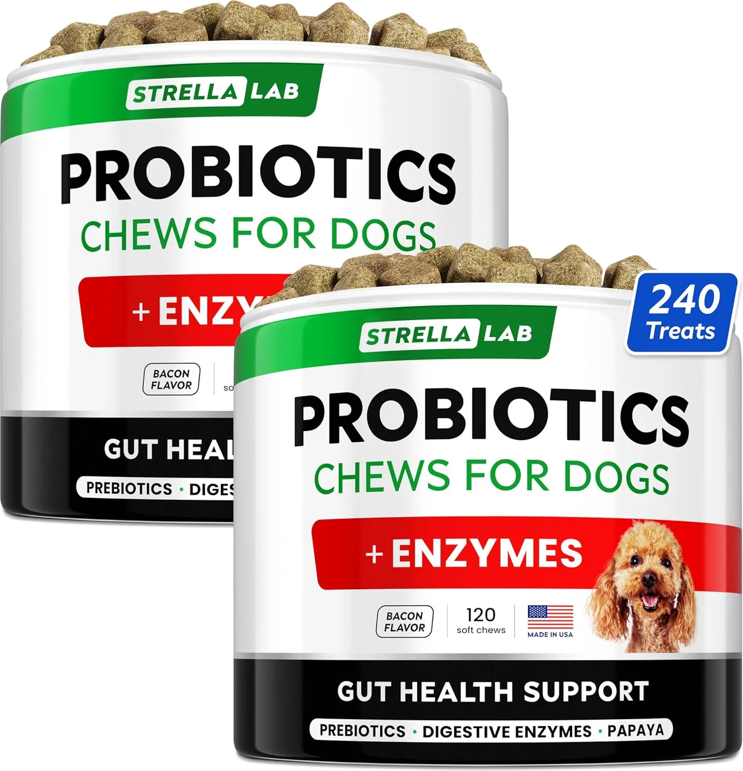 STRELLALAB Dog Probiotics Treats for Picky Eaters - Digestive Enzymes   Prebiotics - Chewable Fiber Supplement - Allergy, Diarrhea, Gas, Constipation, Upset Stomach Relief - Improve Digestion&Immunit