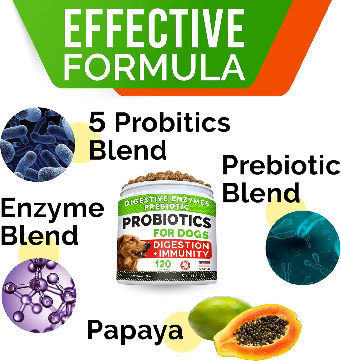 STRELLALAB Dog Probiotics Treats for Picky Eaters - Digestive Enzymes   Prebiotics - Chewable Fiber Supplement - Allergy, Diarrhea, Gas, Constipation, Upset Stomach Relief - Improve Digestion&Immunit