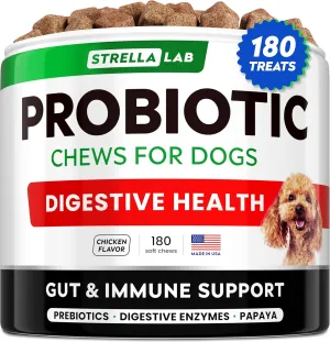 STRELLALAB Dog Probiotics Treats for Picky Eaters - Digestive Enzymes   Prebiotics - Chewable Supplement - Allergy, Diarrhea, Gas, Constipation, Upset Stomach Relief - Improve Digestion, Immunity