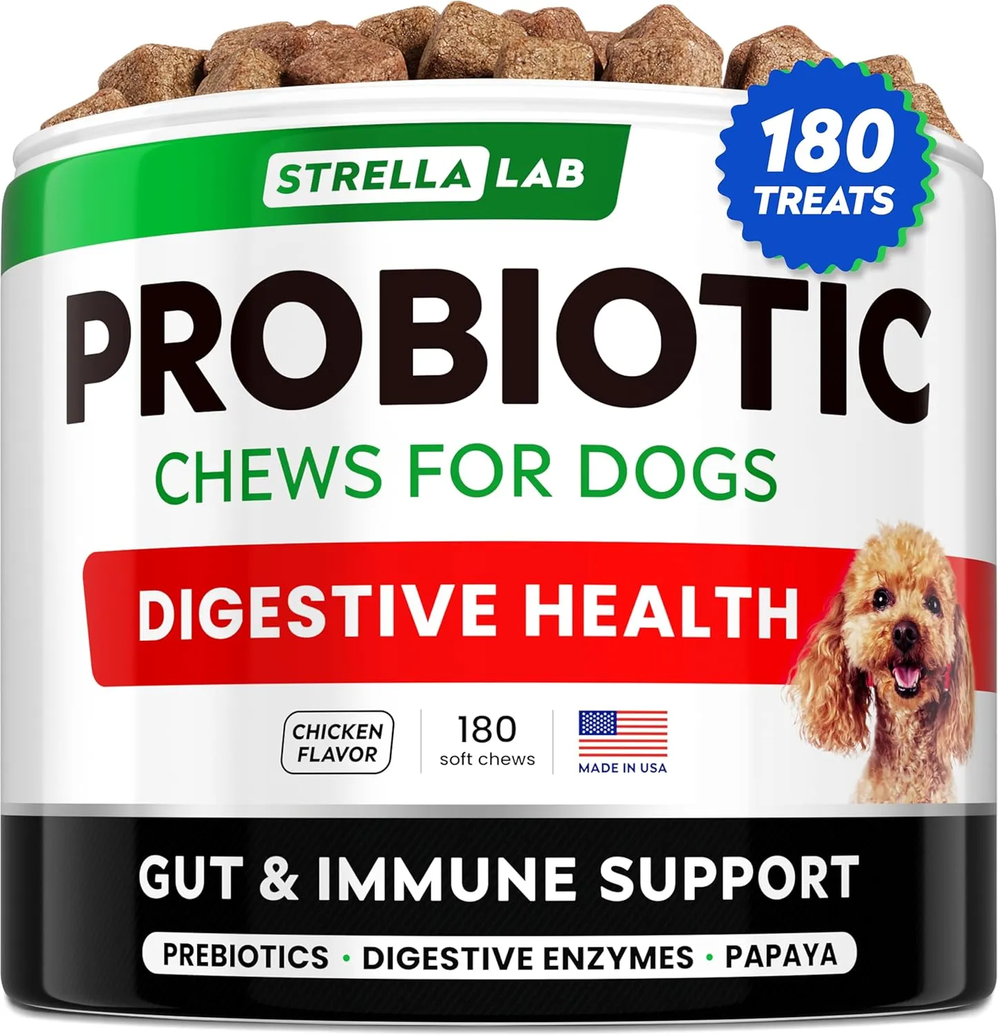 STRELLALAB Dog Probiotics Treats for Picky Eaters - Digestive Enzymes   Prebiotics - Chewable Supplement - Allergy, Diarrhea, Gas, Constipation, Upset Stomach Relief - Improve Digestion, Immunity