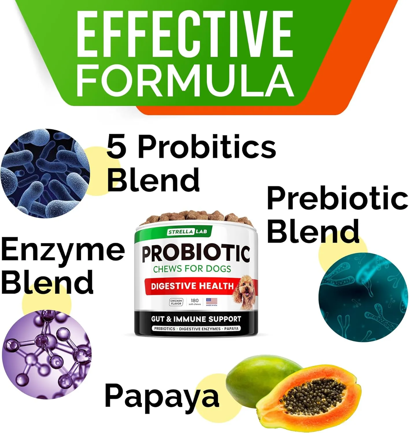 STRELLALAB Dog Probiotics Treats for Picky Eaters - Digestive Enzymes   Prebiotics - Chewable Supplement - Allergy, Diarrhea, Gas, Constipation, Upset Stomach Relief - Improve Digestion, Immunity