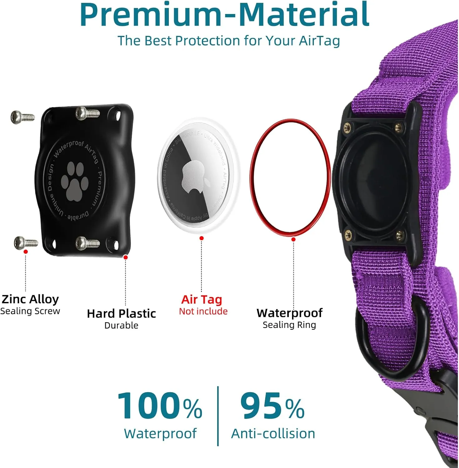 Tactical AirTag Dog Collar, 100% Waterproof Integrated Apple Air Tag Dog Collars with Hard PC AirTag Holder, Adjustable Military Collar with Handle, GPS Dog Collar for Medium Large Dogs